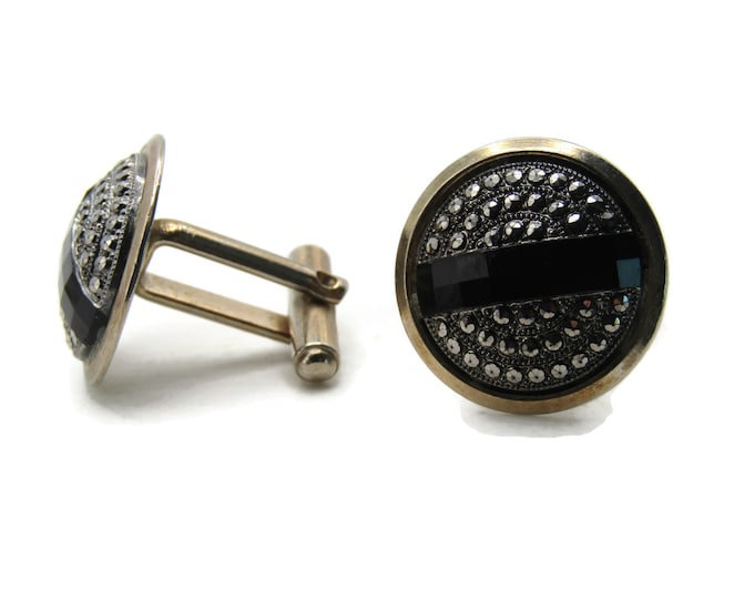 Round Rhinestone And Black Stone Inlay Cuff Links Men's Jewelry Silver And Gold Tone