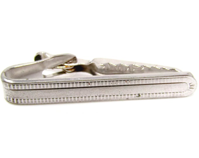 Vintage Tie Clip Tie Bar: Ridged Stripe Border Silver Tone