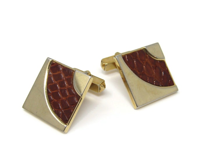 Vintage Cufflinks for Men: Leather Swoop Gold Tone Square Design