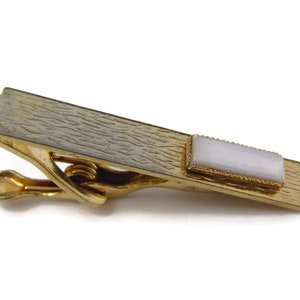 Vintage Gold Tone Tie Clip: Mother of Pearl Accent, Wood Texture