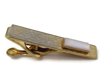 Vintage Tie Clip Tie Bar: Mother of Pearl Accent Wood Texture Gold Tone Nice Quality