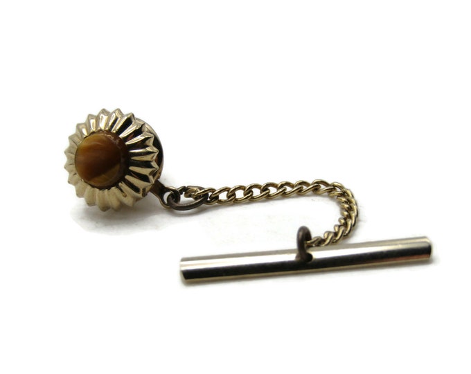 Round Brown Stone Inlay Tie Pin And Chain Decorative Edging Men's Jewelry Gold Tone
