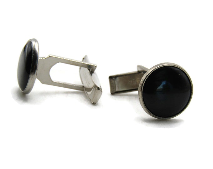 Round Black Stone Inlay Cuff Links Men's Jewelry Silver Tone