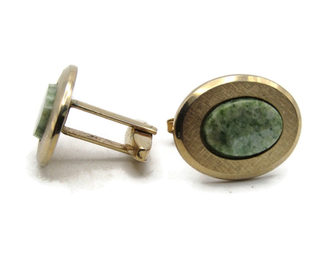 Green Stone & Textured Oval Cuff Links Gold Tone Men's Jewelry