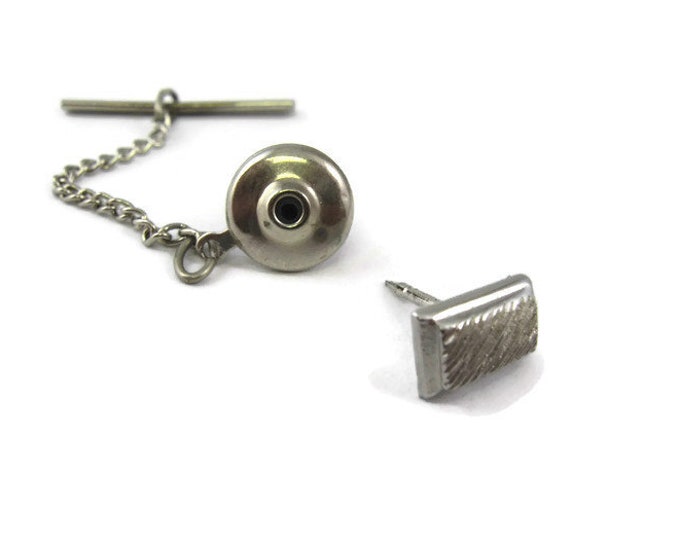 Vintage Tie Tack Pin: Grooved Texture Silver Tone Rectangle