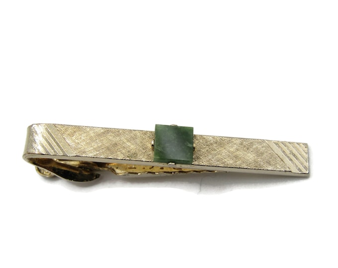 Green Square Stone Inlay Textured Etched Front Gold Tone Tie Bar Tie Clip Men's Jewelry