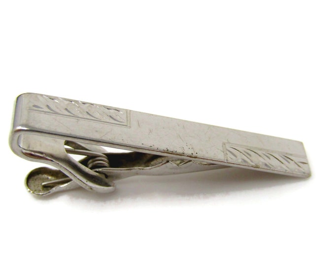 Classic Tie Clip Vintage Mens Tie Bar Silver Tone Etched Gift for Dad Son Husband Brother