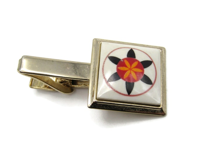 Floral Stone Inlay Gold Tone Tie Bar Tie Clip Men's Jewelry