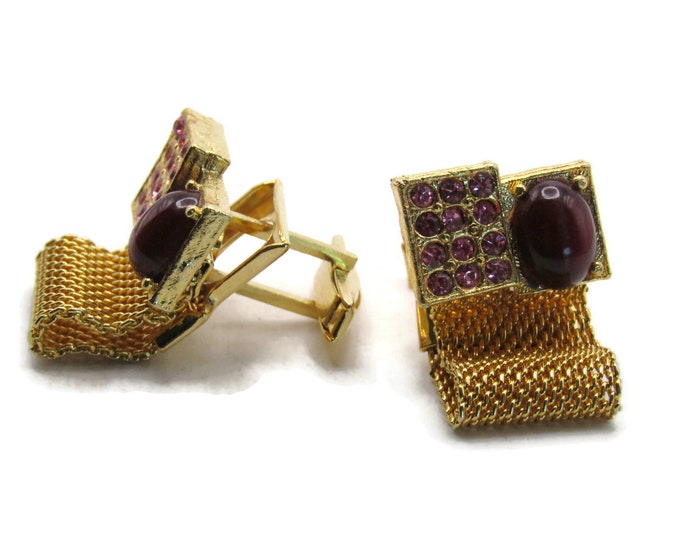 Purple Stone And Rhinestone Inlay Chain Cuff Links Men's Jewelry Gold Tone