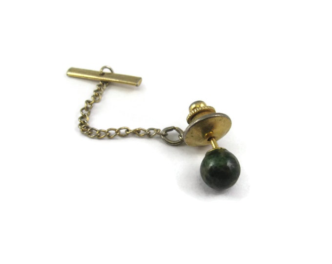 Vintage Men's Tie Tack Pin Jewelry: Green Stone Round Ball Stud Design