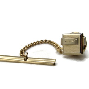 Square Tie Pin And Chain Wrap Around Etched Design Men&#39;s Jewelry Gold Tone