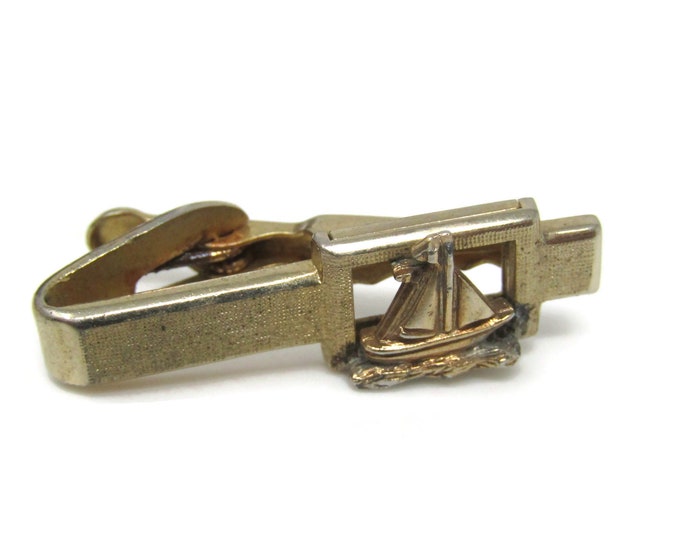 Sailboat Nautical (Some Wear) Tie Clip Bar Gold Tone Vintage Men's Jewelry Nice Design