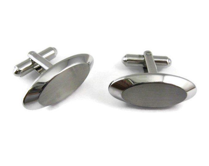 Vintage Cufflinks for Men: Elongated Ovals Brushed Texture Center Smooth Sloping Borders