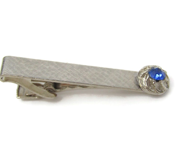 Blue Jewel Swirl Setting Tie Clip Bar Silver Tone Vintage Men's Jewelry Nice Design