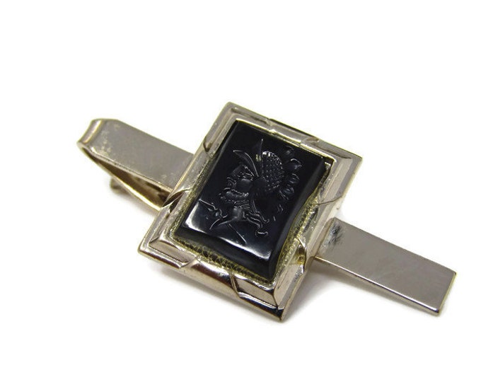 Vintage Tie Bar Tie Clip: Warrior Profile Black Center Accent Silver Tone Setting