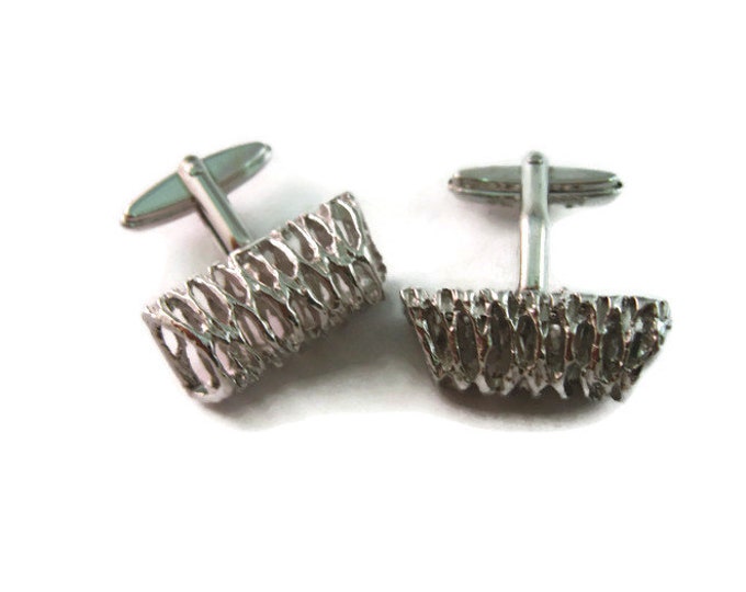 Vintage Cufflinks for Men: Silver Tone Textured Tube Art Design