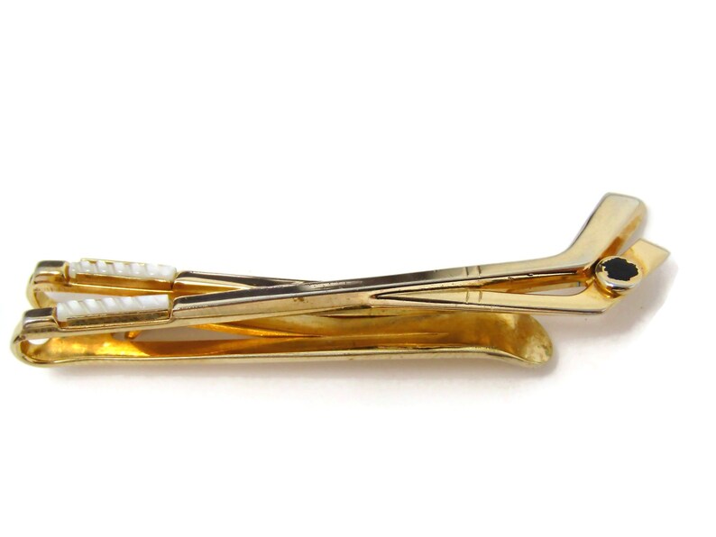 Hockey Tie Clip Men/'s Vintage Tie Bar Hockey Sticks Design Gold Tone Mother of Pearl Handles