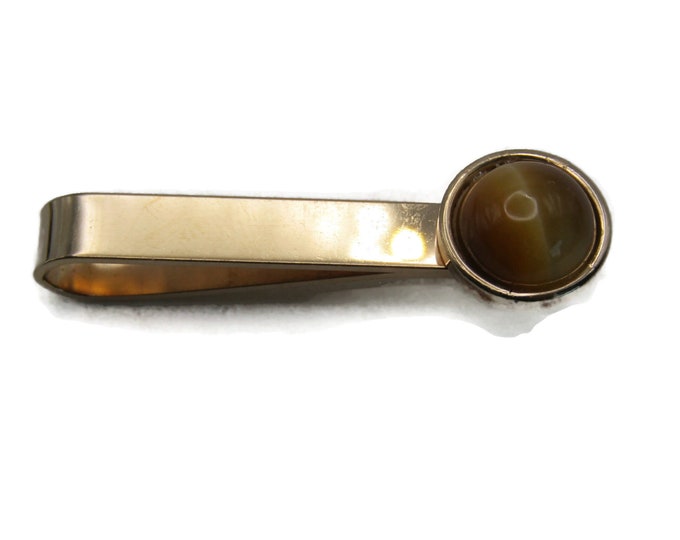 Round Brown Stone Inlay Smooth Finish Tie Clip Tie Bar Men's Jewelry Gold Tone