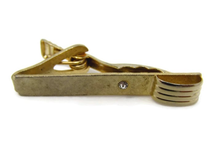 Clear Jewel Tie Clip Vintage Tie Bar: Textured Gold Tone