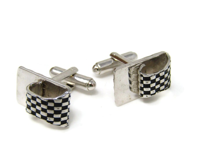 Folded Checkered Cuff Links Cufflinks for Men Vintage Silver Tone