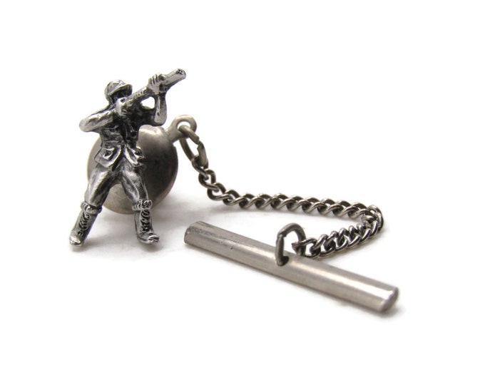 Soldier And Gun Tie Pin And Chain Men's Jewelry Silver Tone