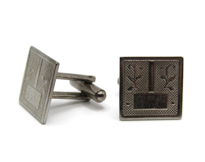 Vintage Cufflinks for Men: Textured Leaf and Rectangle Design Silver Tone
