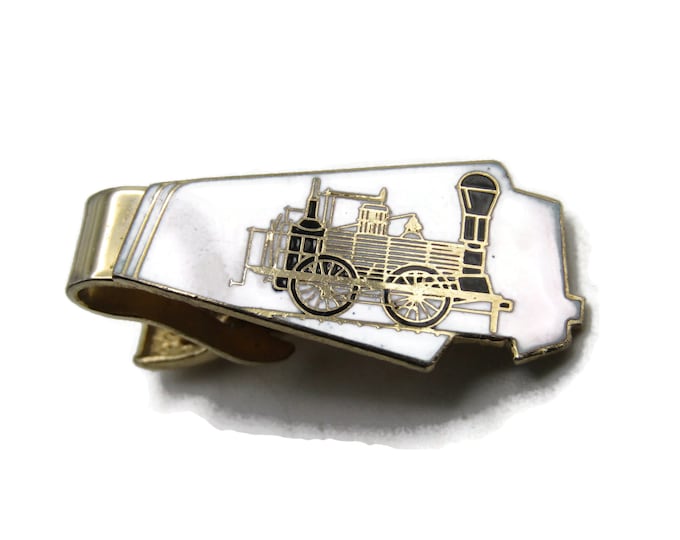 Steam Engine Train Tie Clip White Background Tie Bar Men's Jewelry Gold Tone
