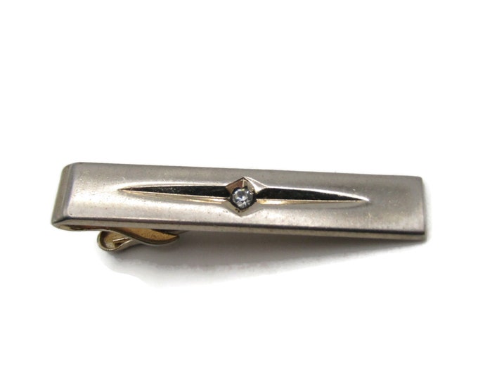 Clear Rhinestone Inlay and Etched Design Silver Tone Industrial Style Tie Clip Tie Bar Men's Jewelry