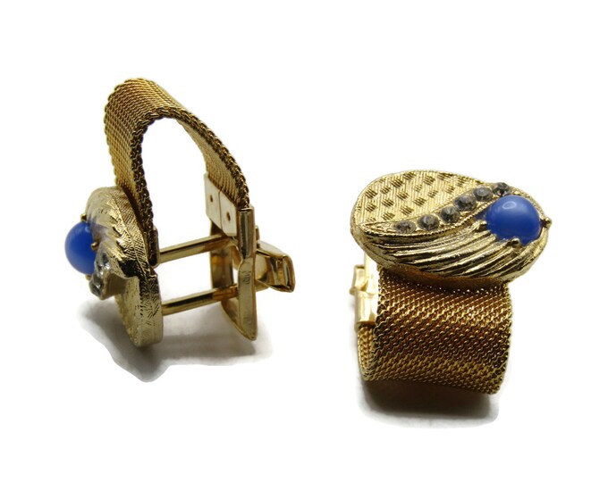 Oval Blue Rhinestone Inlay Chain Cuff Links Men's Jewelry Gold Tone