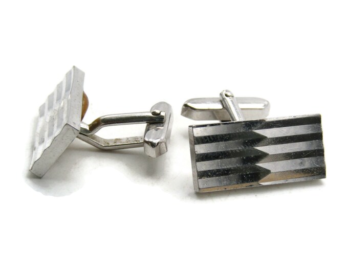 Mirrored Line Design Rectangle Cuff Links Men's Jewelry Silver Tone