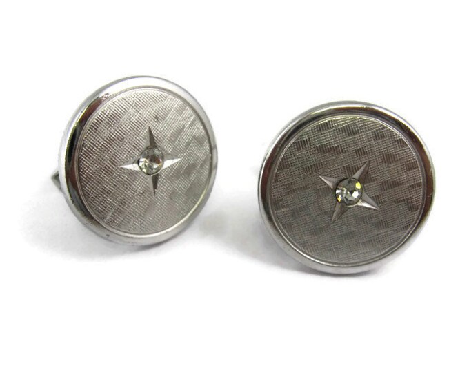 Vintage Cufflinks for Men: Clear Jewel Star Design Center Round Silver Tone