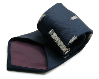 Vintage Blue Lighthouse Tie with Textured Silver Tone Tie Clip