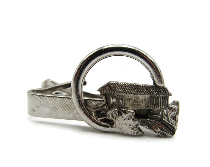 House Cabin Over Rocks Circle Design Silver Tone Tie Clip Tie Bar Men's Jewelry