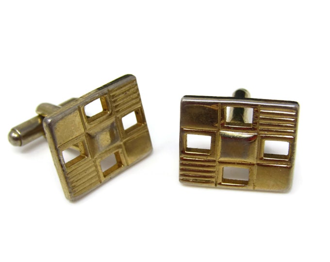 Vintage Cufflinks for Men: Checkered Design Open Squares Nice Gold Tone