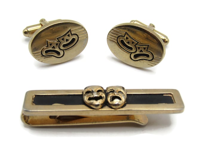 Vintage Men's Jewelry Set: Tie Bar Cufflinks Tragedy and Comedy Masks Gold Tone