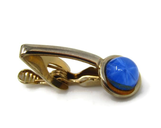 Vintage Tie Clip Bar for Men: Blue Accent Curved Body Gold Tone Design