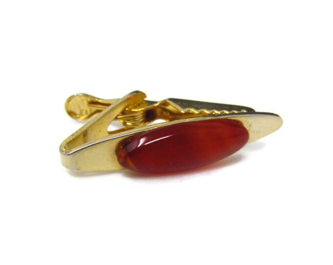 Vintage Tie Bar Tie Clip: Red Orange Beautiful Glass Accent Gold Tone Body