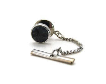 Black Stone Round Tie Pin And Chain Men's Jewelry Silver Tone