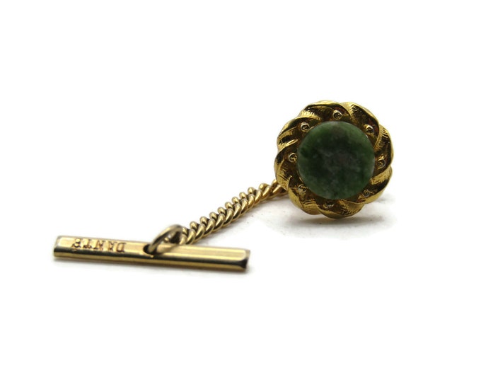 Green Stone Inlay Floral Style Edge Tie Pin And Chain Men's Jewelry Gold Tone