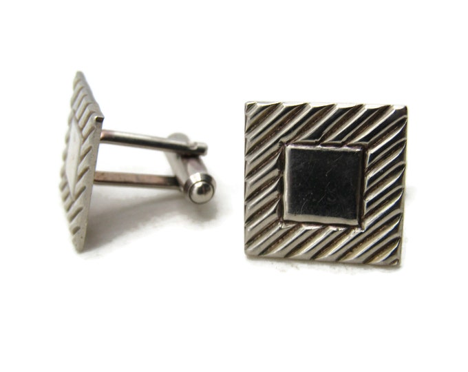 Square Diagonal Line Pattern Cuff Links Men's Jewelry Silver Tone