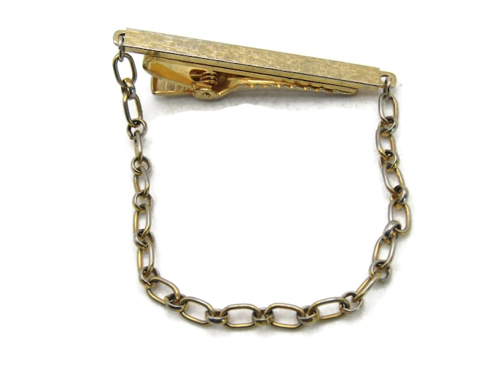 Textured Gold Tone Tie Bar & Chain Industrial Tie Clip Men's Jewelry