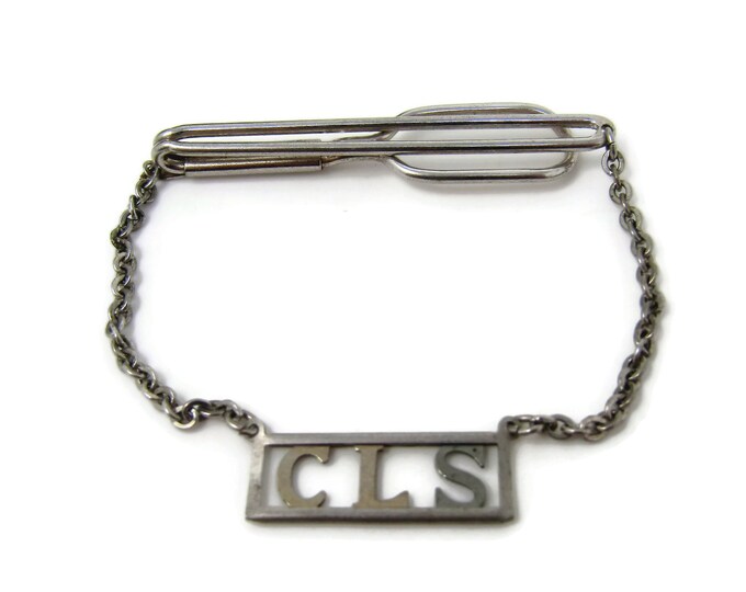 Vintage Tie Bar Clip: CLS Letters Initials "CLS" Silver Tone Chain Design