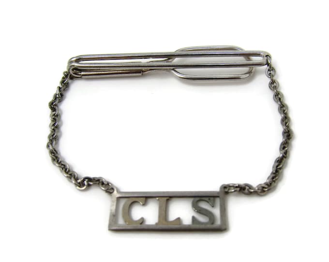 Vintage Tie Bar Clip: CLS Letters Initials "CLS" Silver Tone Chain Design