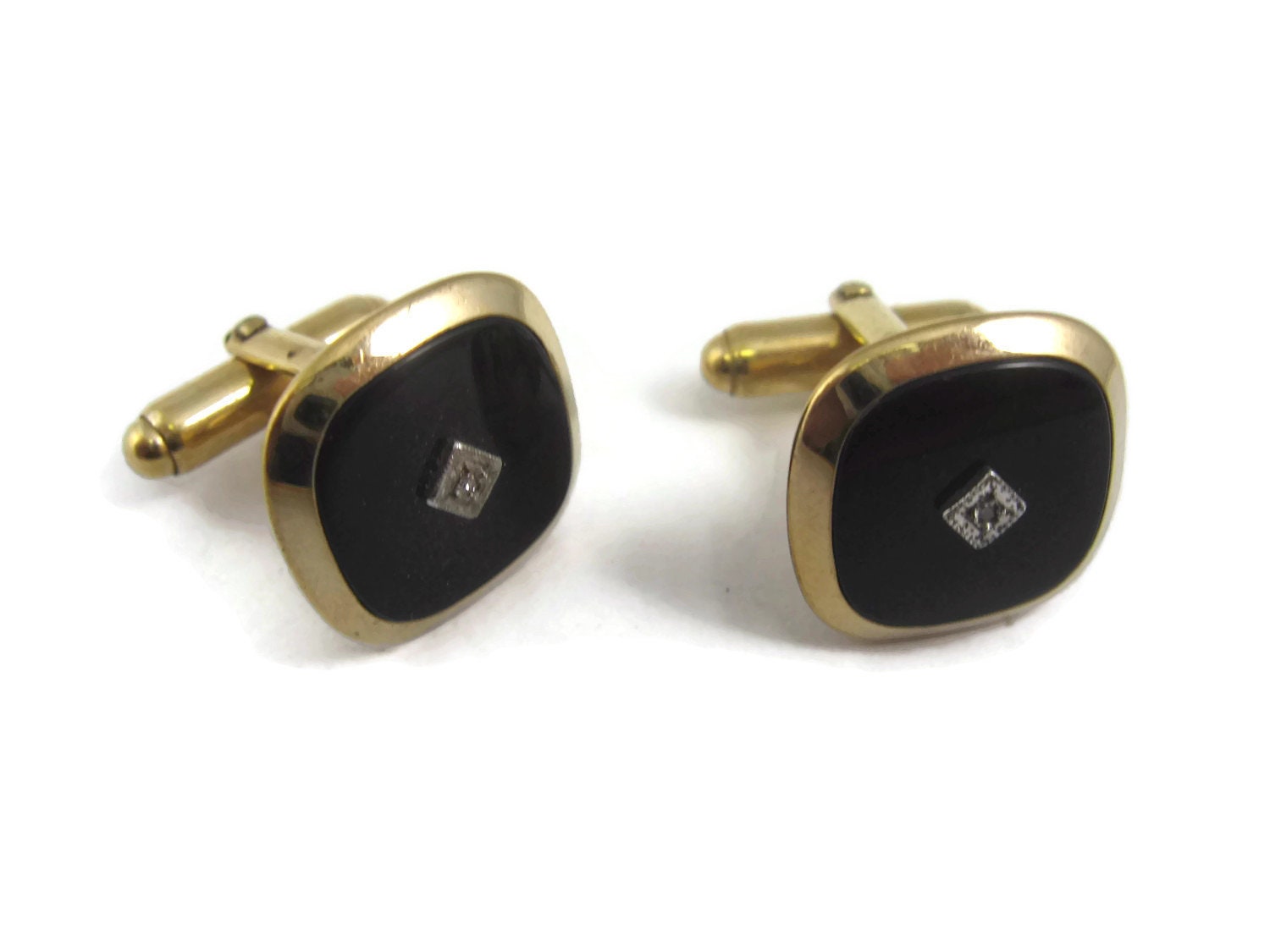 Vintage Cufflinks for Men Very Nice Clear Jewel Black 12K Gold Fill