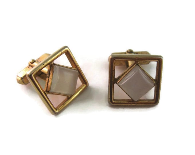 Vintage Cufflinks for Men: Milky White Accent See Through Gold Tone Square Design