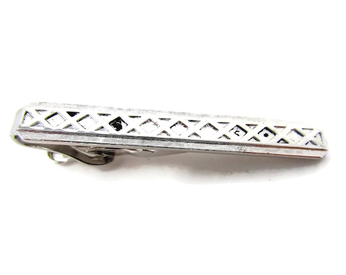 Vintage Tie Clip Tie Bar: Criss Cross Lines Silver Tone