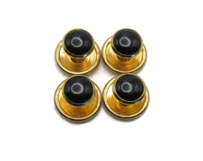 Round Black Stone Inlay Cuff Link Set Of Four Men's Jewelry Gold Tone