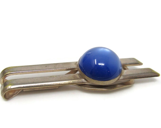 Large Blue Dome Tie Clip Bar Gold Tone Vintage Men's Jewelry Nice Design