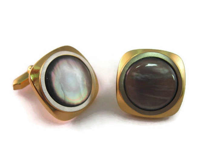 Vintage Cufflinks for Men: Amazing Dark Mother of Pearl Gold Tone Rounded Edges Design