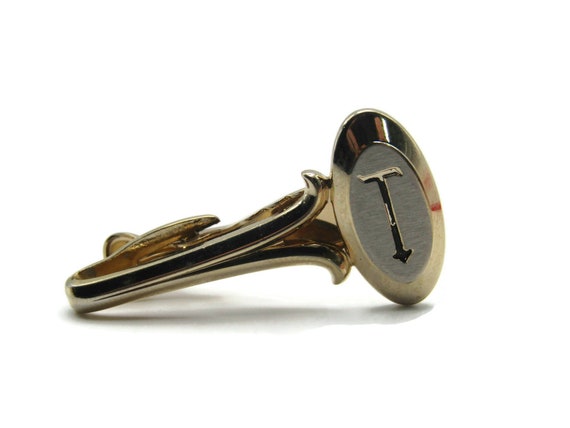 Vintage Gold Tone Tie Clip: Initial T Monogram - image 2